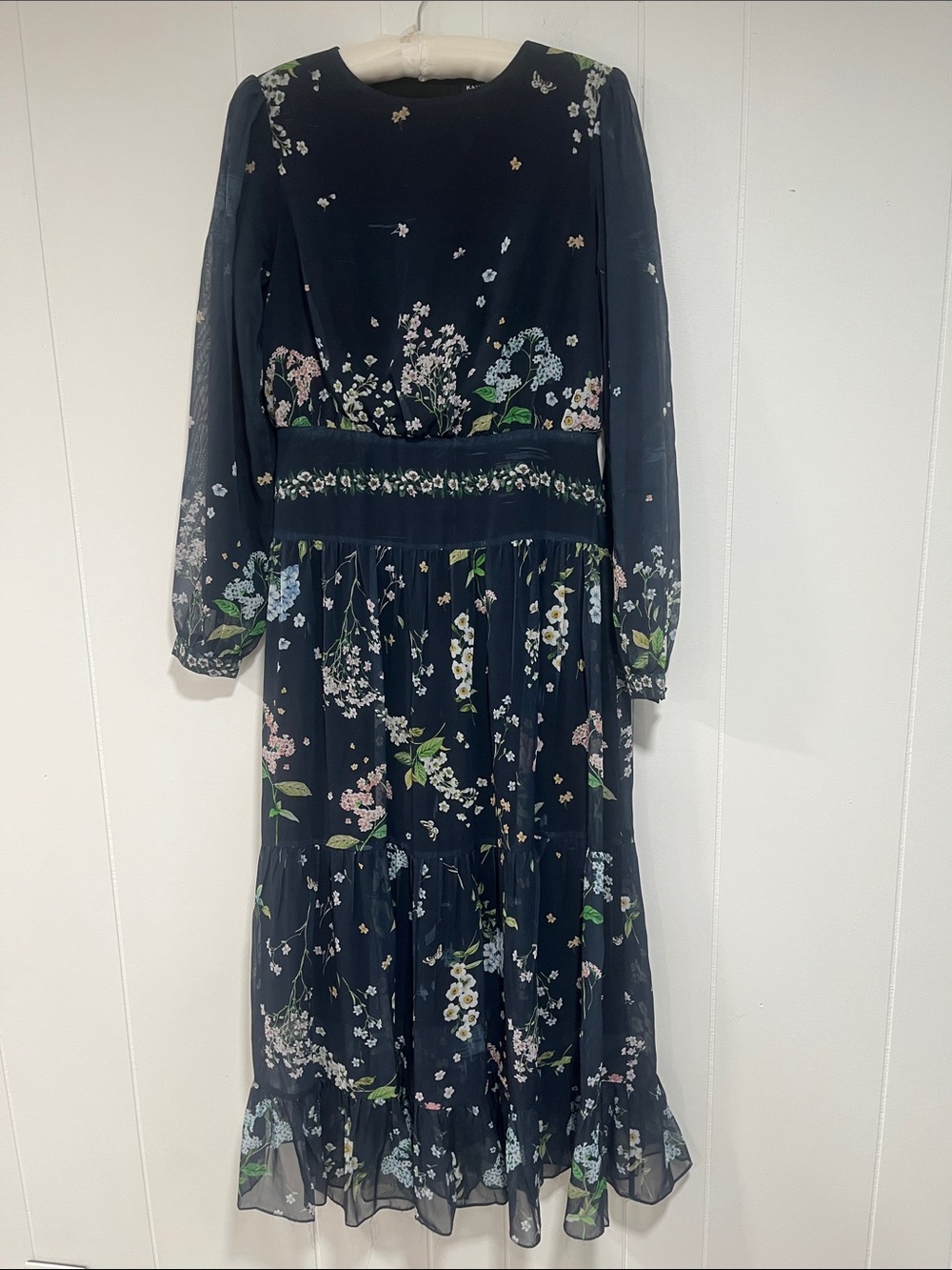Navy Floral Long-Sleeve Tiered Midi Dress